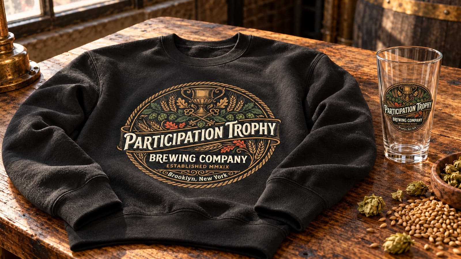 Heritage brewery apparel and glassware in a taproom setting