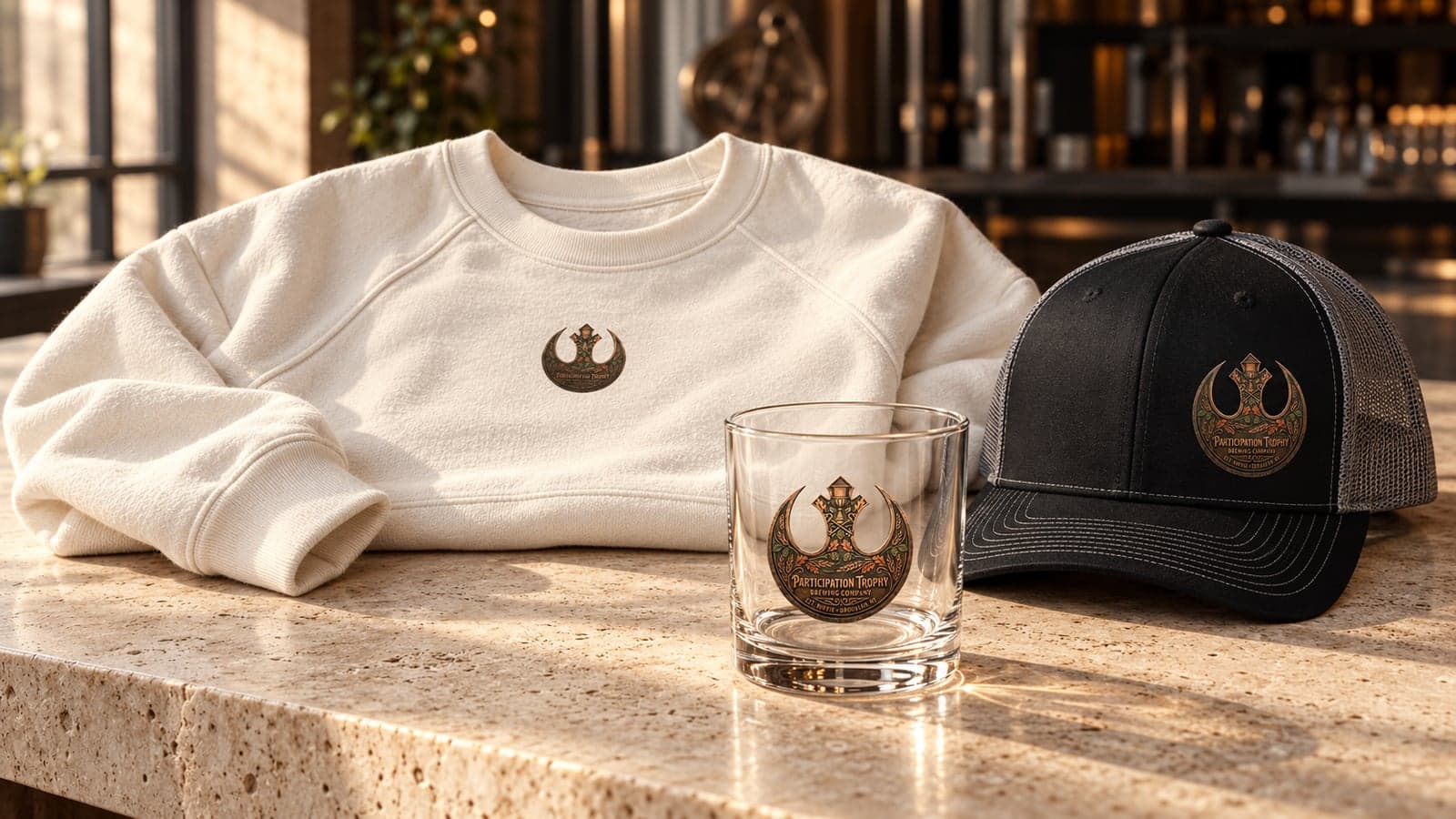 Rebel brewery apparel and glassware in a taproom setting